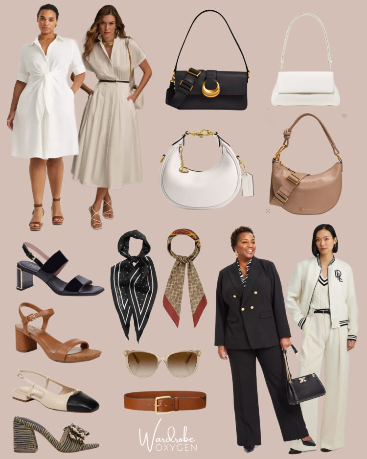Macy's Friends & Family Sale 1 collage of dresses, suiting, bags, shoes, and accessories to shop at Macy's during their Friends & Family sale 2024