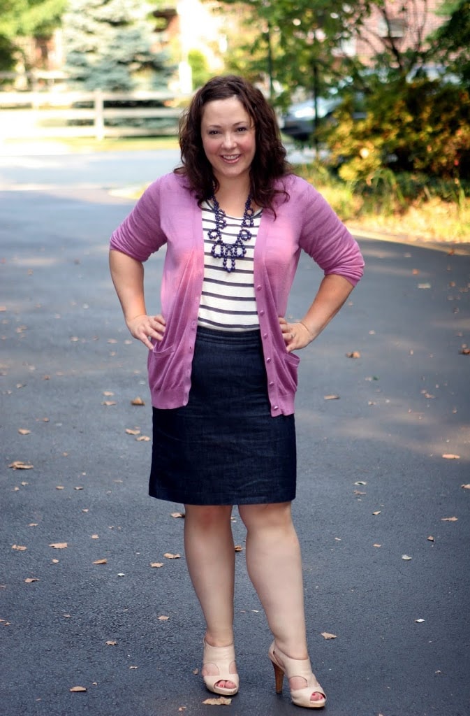 Alison Gary of Wardrobe Oxygen in 2011 wearing a Breton striped top with a lavender long cardigan, denim pencil skirt, and navy bubble necklace