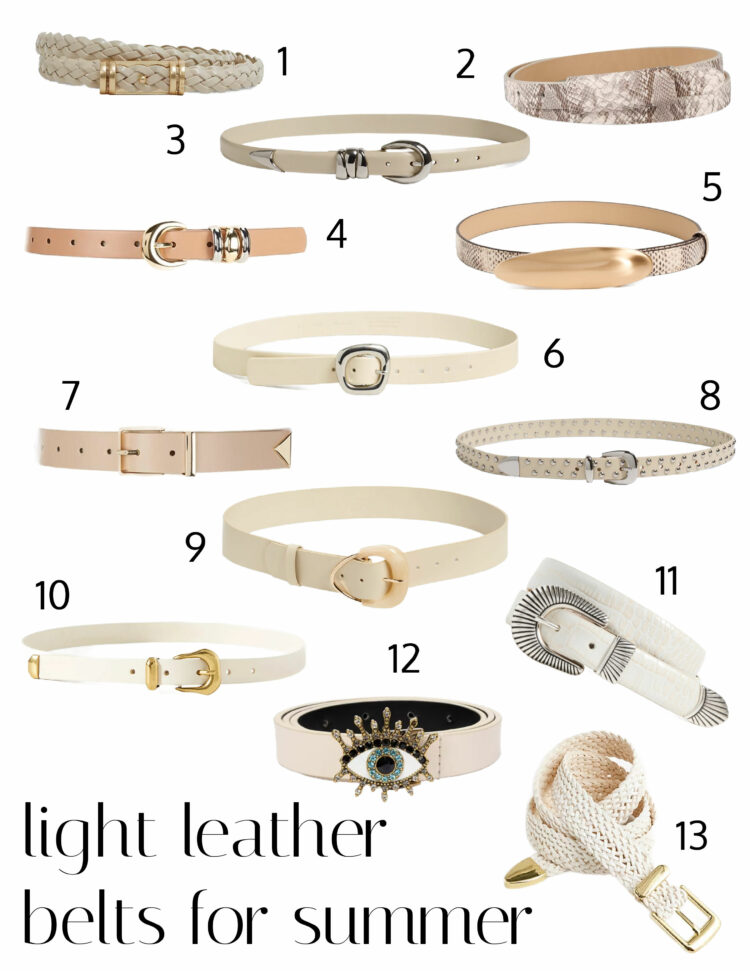 a collage of 13 light leather belts for summer