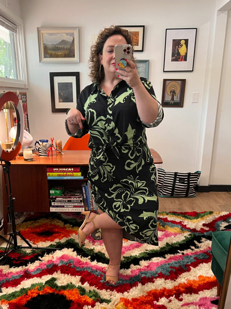 Where to Shop for Truly Stylish Wide Width Shoes 8 Alison Gary of Wardrobe Oxygen in a green and black print Universal Standard cupro blouse and matching skirt with Ros Hommerson wide width sandals