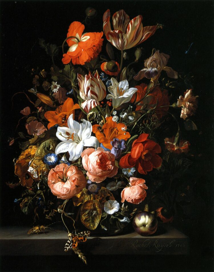 Rachel Ruysch (Dutch, 1664–1750), Flowers in a Glass Vase. Oil on canvas, 1704