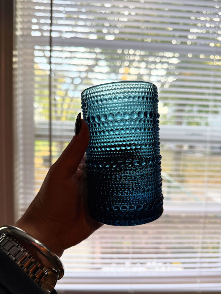 Quince HomeGoods Review a hand holding a blue quince jupiter tumbler
