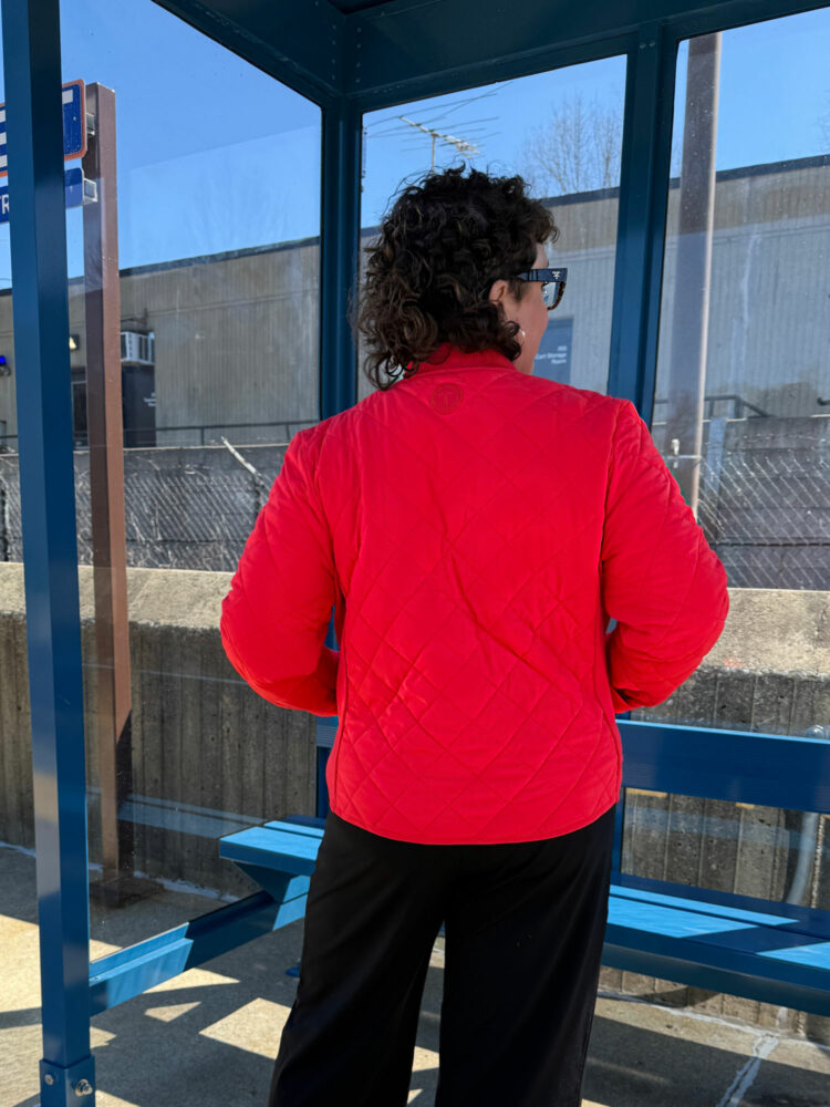 alison gary of wardrobe oxygen in the t by talbots red quilted jacket