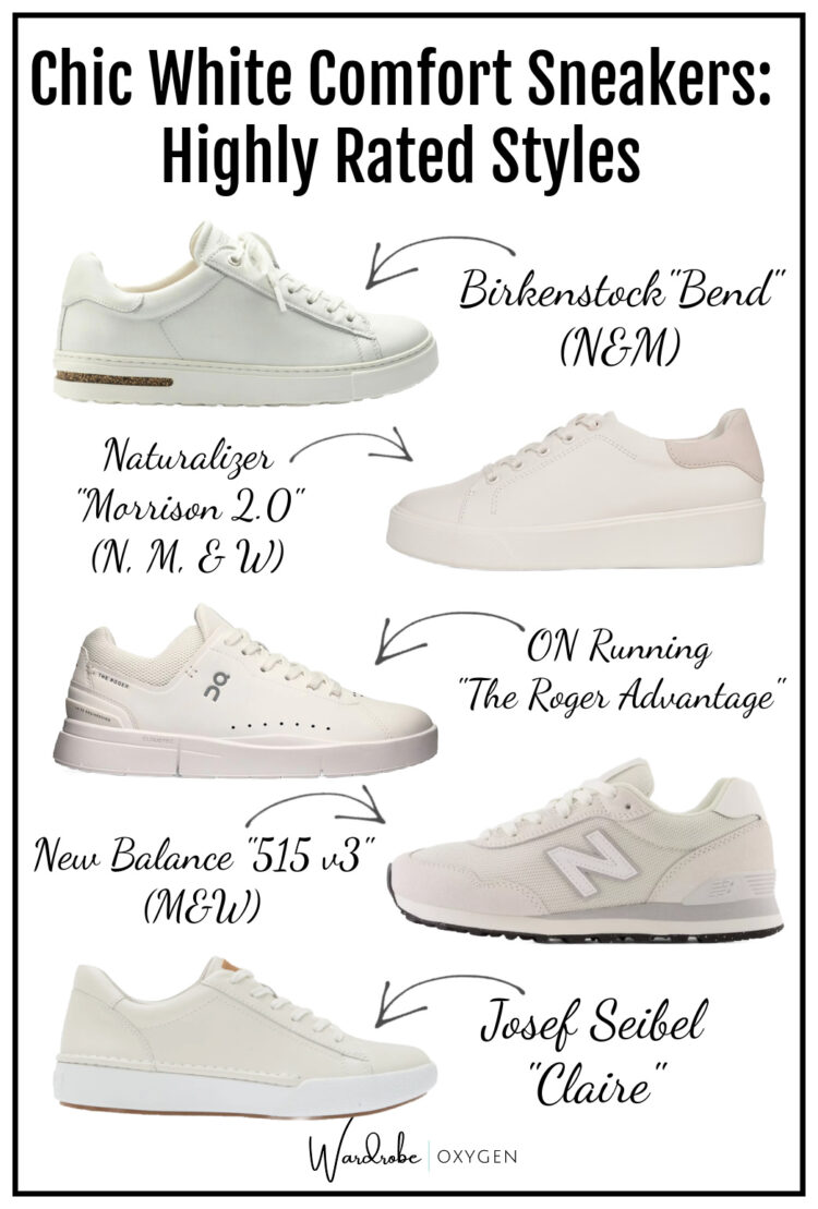 collage of 5 chic white comfort sneakers for women with gum soles
