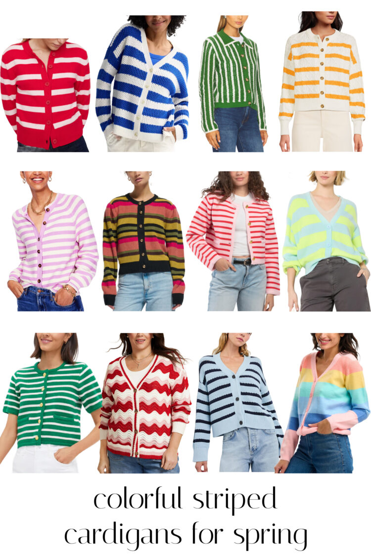 collage of 12 colorful striped women's cardigans for spring