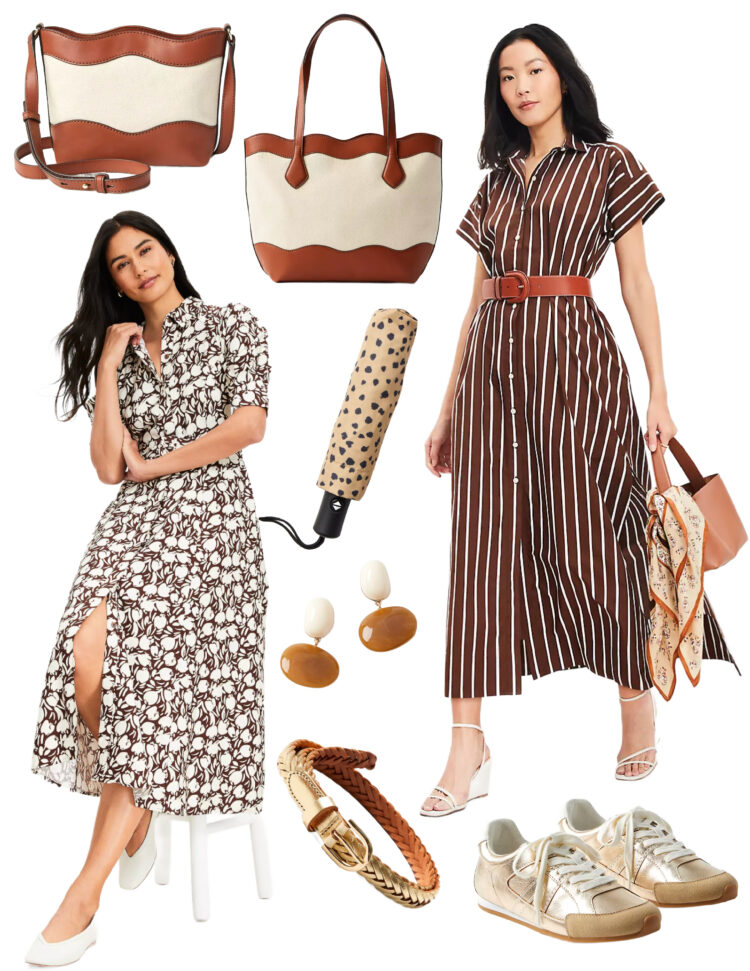 collage of clothing and accessories in shades brown, tan, and gold from the LOFT 50% off sale
