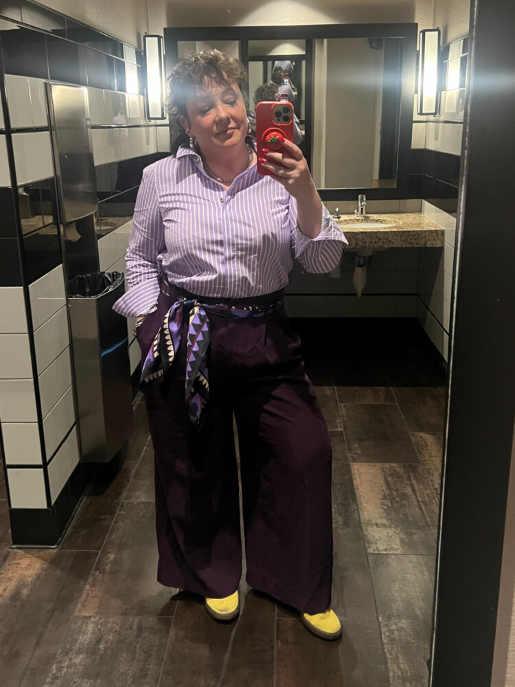 alison of wardrobe oxygen in the lavender stripe elbe poplin shirt from universal standard