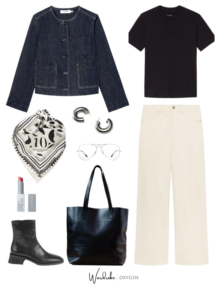 collage of an outfit featuring a dark denim collarless jacket and ivory wide leg pants from M.M.LaFleur