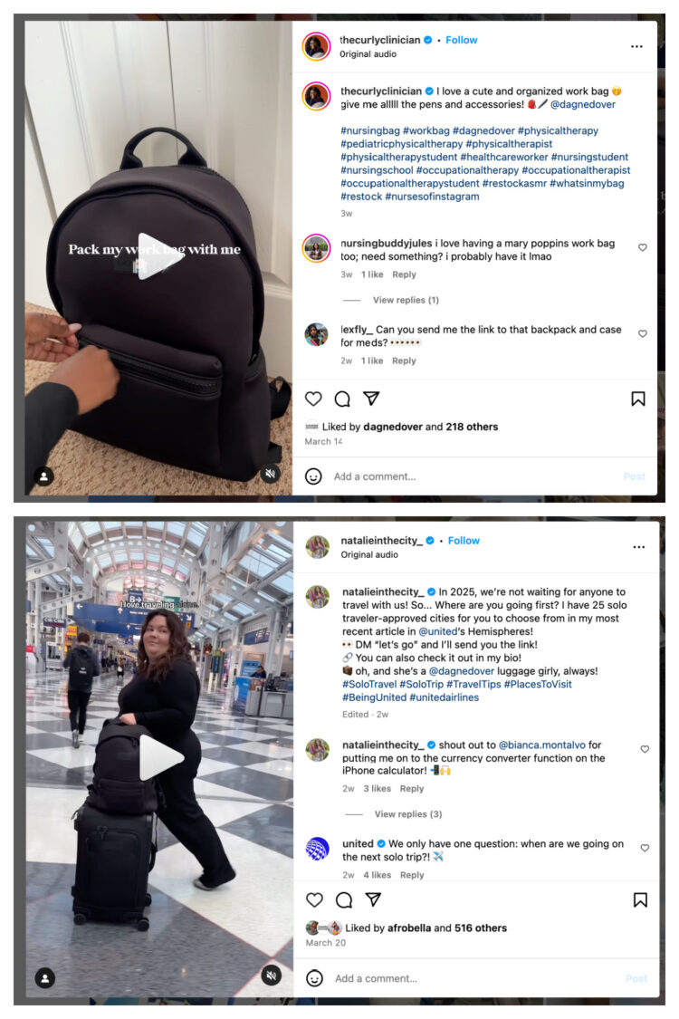 screenshots of two instagram reels featuring the dagne dover dakota backpack