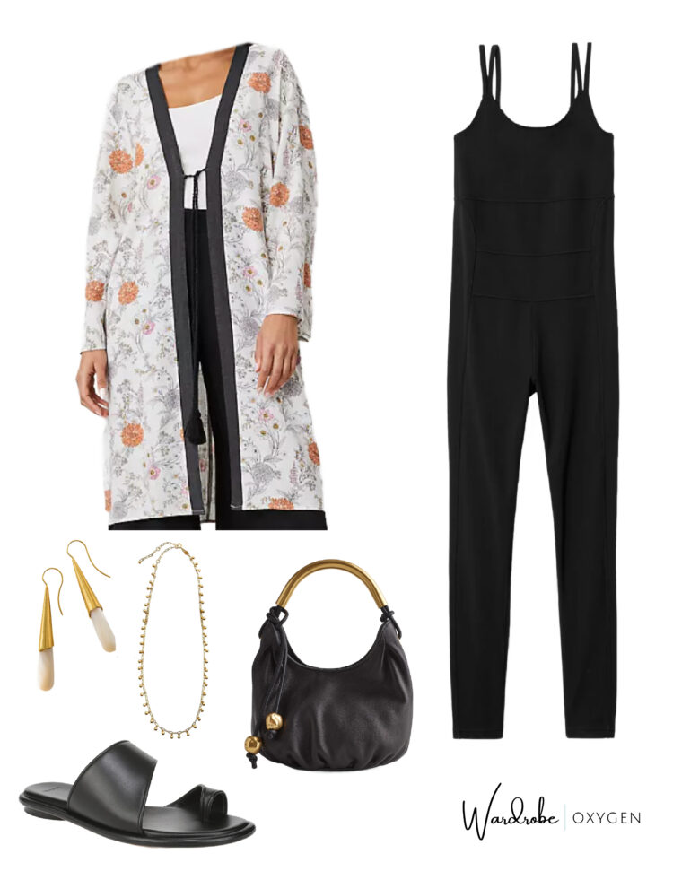 styling a duster kimono with the universal standard next to naked bodysuit and gold jewelry