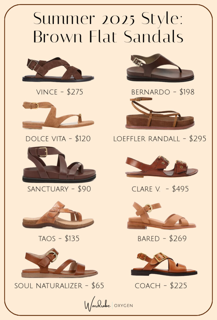 collage of 10 stylish brown leather flat sandals for women for 2025 summer