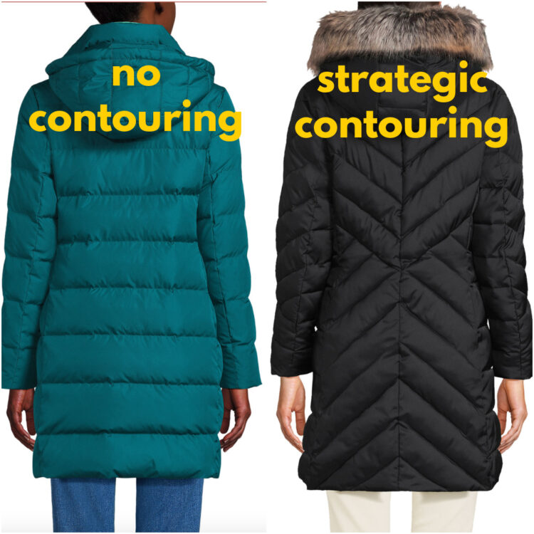 two quilted hooded winter coats. The one on the left is straight horizontal quilting while the one on the right angles the quilting to the waist