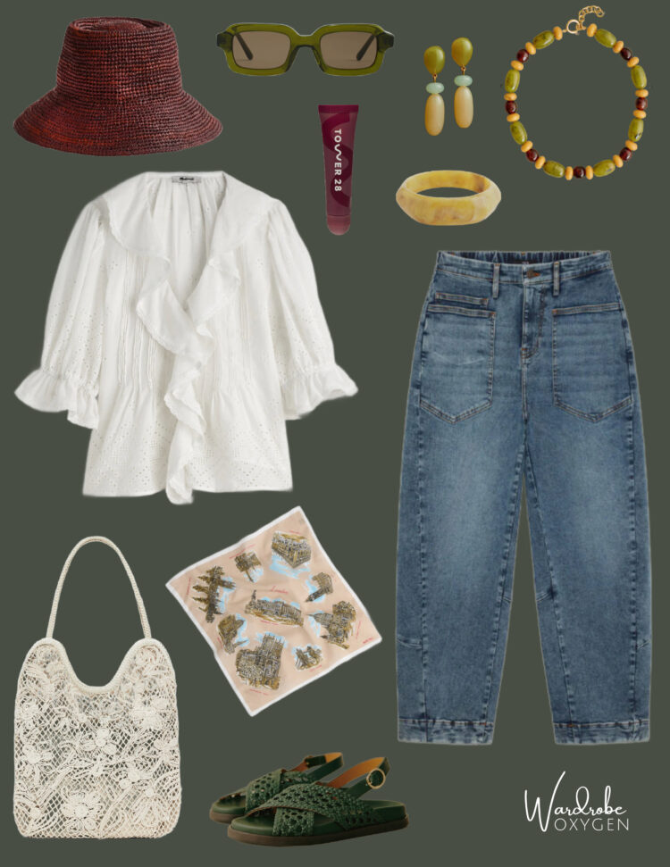 collage of denim and a white peasant shirt with green and brown accessories