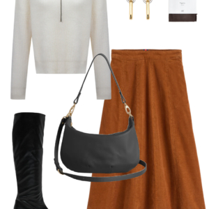 15 Look 15 from the teacher capsule wardrobe for fall featuring a Boden corduroy midi skirt
