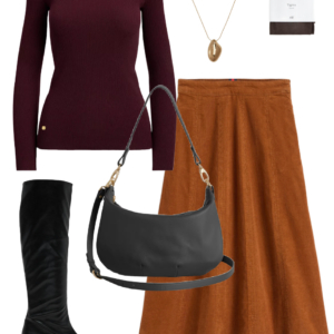 16 Look 16 from the teacher capsule wardrobe for fall featuring a Boden corduroy midi skirt