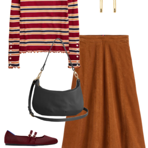 17 Look 17 from the teacher capsule wardrobe for fall featuring a Boden corduroy midi skirt