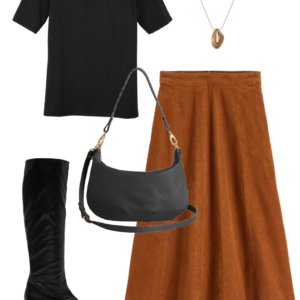 18 Look 18 from the teacher capsule wardrobe for fall featuring a Boden corduroy midi skirt
