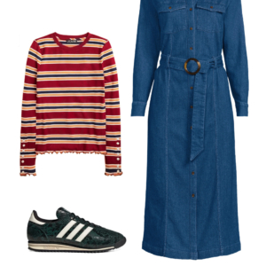 26 Look 26 from the teacher capsule wardrobe for fall featuring a Lands' End denim dress