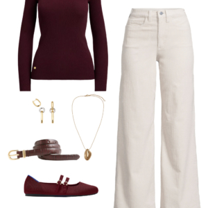 6 Look 6 from the teacher capsule wardrobe for fall featuring cream wide leg corduroy jeans