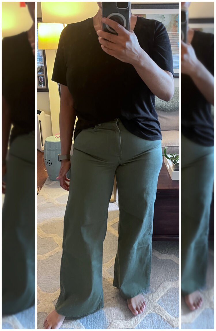 Quince Jeans Review: Honest Thoughts from a 40-Year-Old Midsize Woman 7 Woman trying on the Quince Bella Stretch Wide Leg Jeans in midsize 30 in loden green