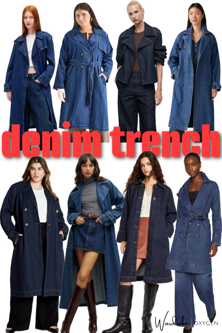collage of The Modern Denim Jacket Alternative: the denim trench coat trend 