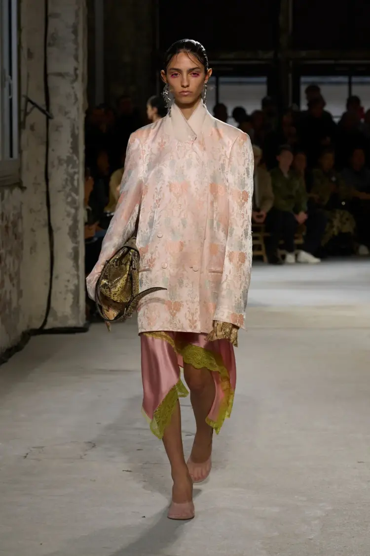 Let's Talk the Slip Skirt Trend for 2025 2 A runway look from Dries Van Noten featuring a lace-trimmed slip skirt