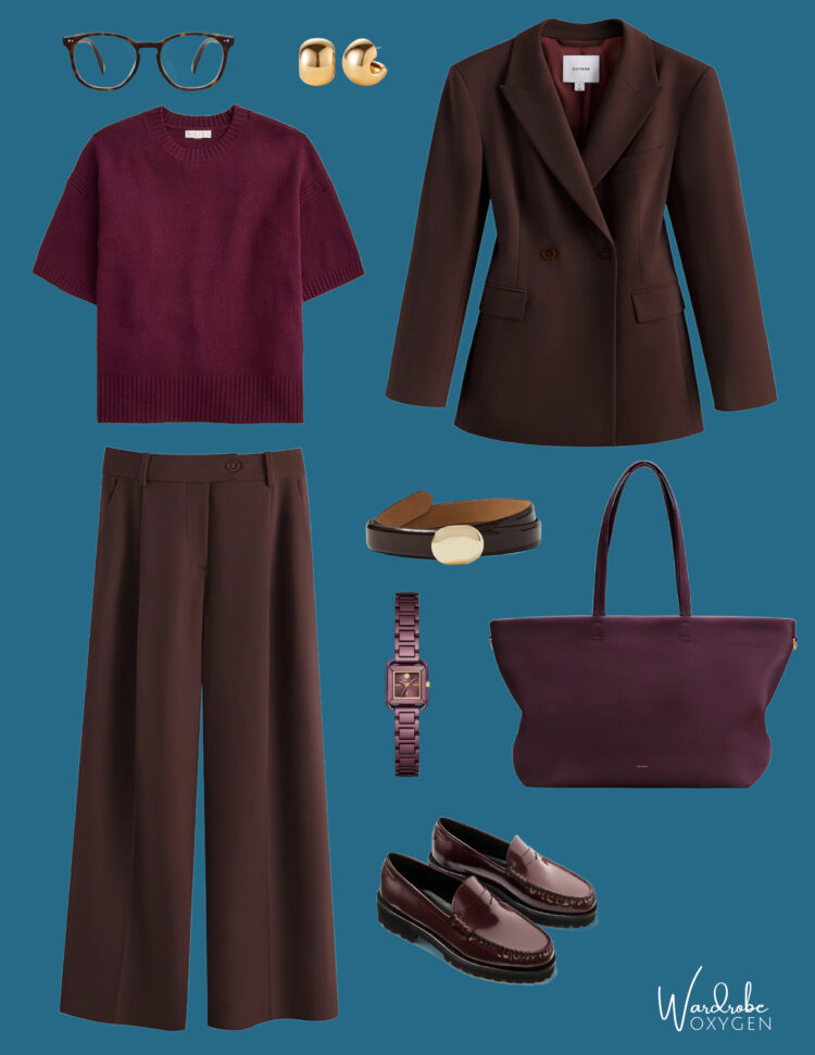Style Chocolate Brown with Other Autumnal Colors: collage of chocolate brown pantsuit with burgundy and cherry red loafers