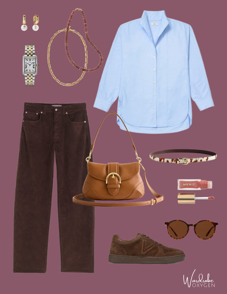 how to style chocolate brown corduroy pants with light blue and gold accessories