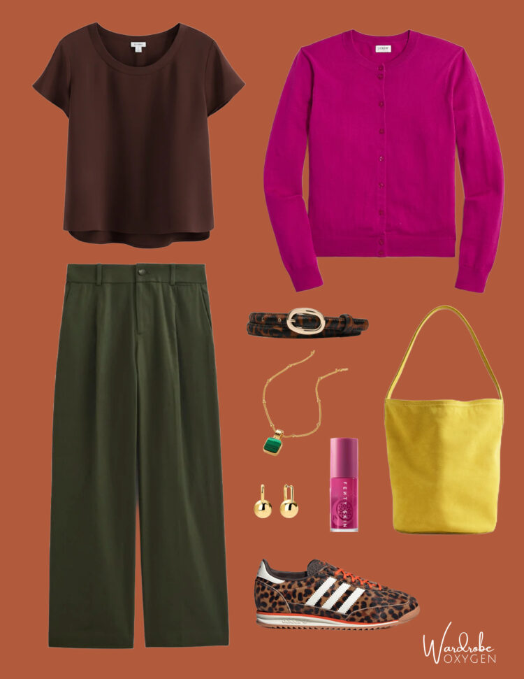 how to style chocolate brown with olive green by pairing with bright color