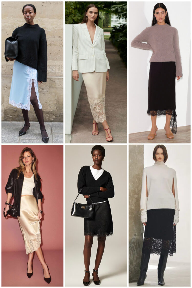 Let's Talk the Slip Skirt Trend for 2025 4 six women wearing lace trimmed slip skirts for fall 2025