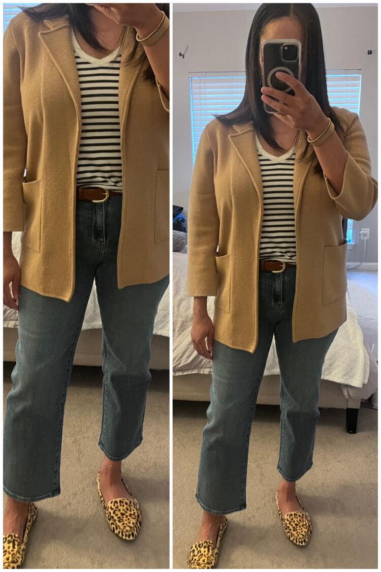 Quince Jeans Review: Honest Thoughts from a 40-Year-Old Midsize Woman 5 woman trying on the Quince Bella stretch straight jeans in midsize 30 and finding them too snug