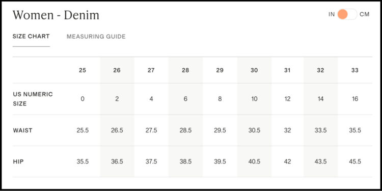 Quince Jeans Review: Honest Thoughts from a 40-Year-Old Midsize Woman 3 quince denim size chart for women