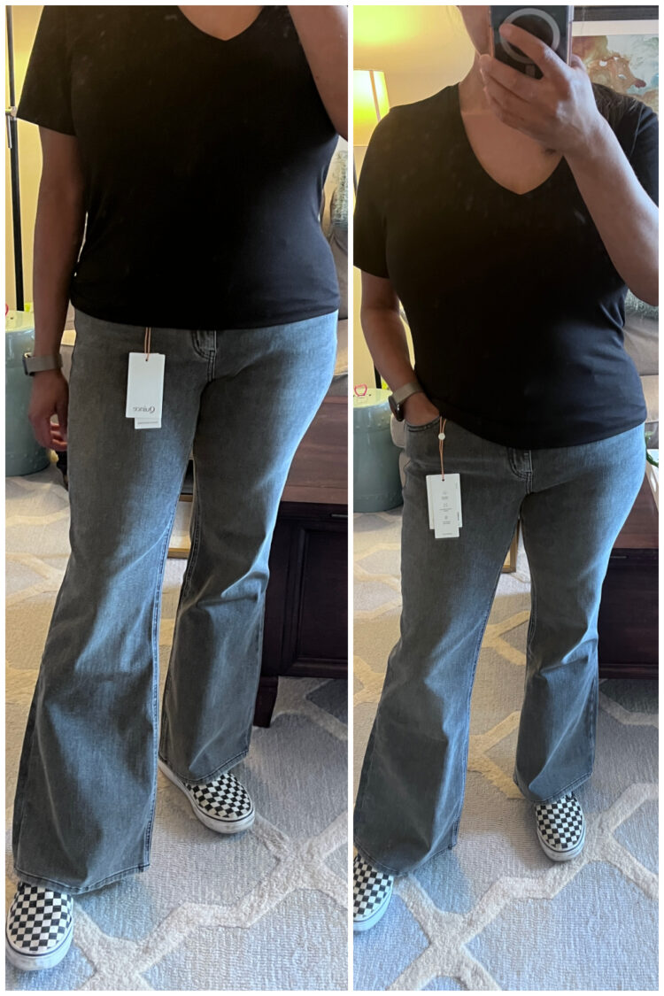Quince Jeans Review: Honest Thoughts from a 40-Year-Old Midsize Woman 6 Woman trying on the Quince Luna Stretch Flare Jeans in the color Grayed Out in size 30 and reviewing them for Wardrobe Oxygen