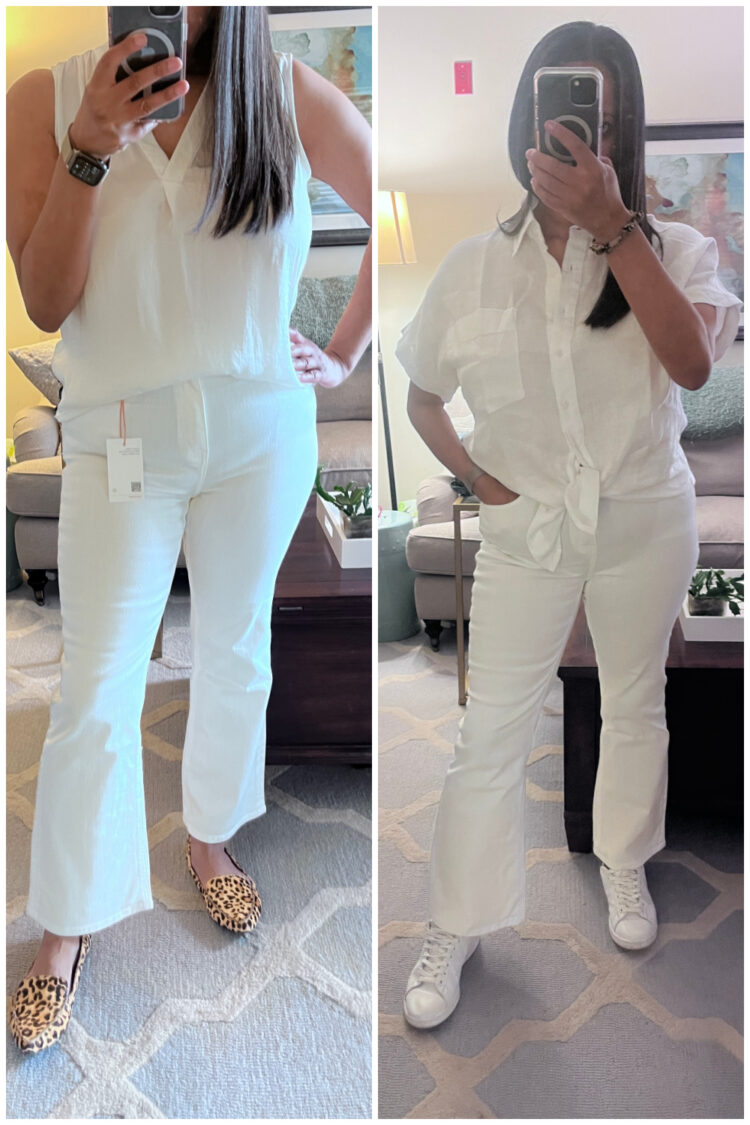Quince Jeans Review: Honest Thoughts from a 40-Year-Old Midsize Woman 4 woman trying on the quince bella stretch kick flare jean in white in a midsize denim 30 size for a quince jeans review on wardrobe oxygen