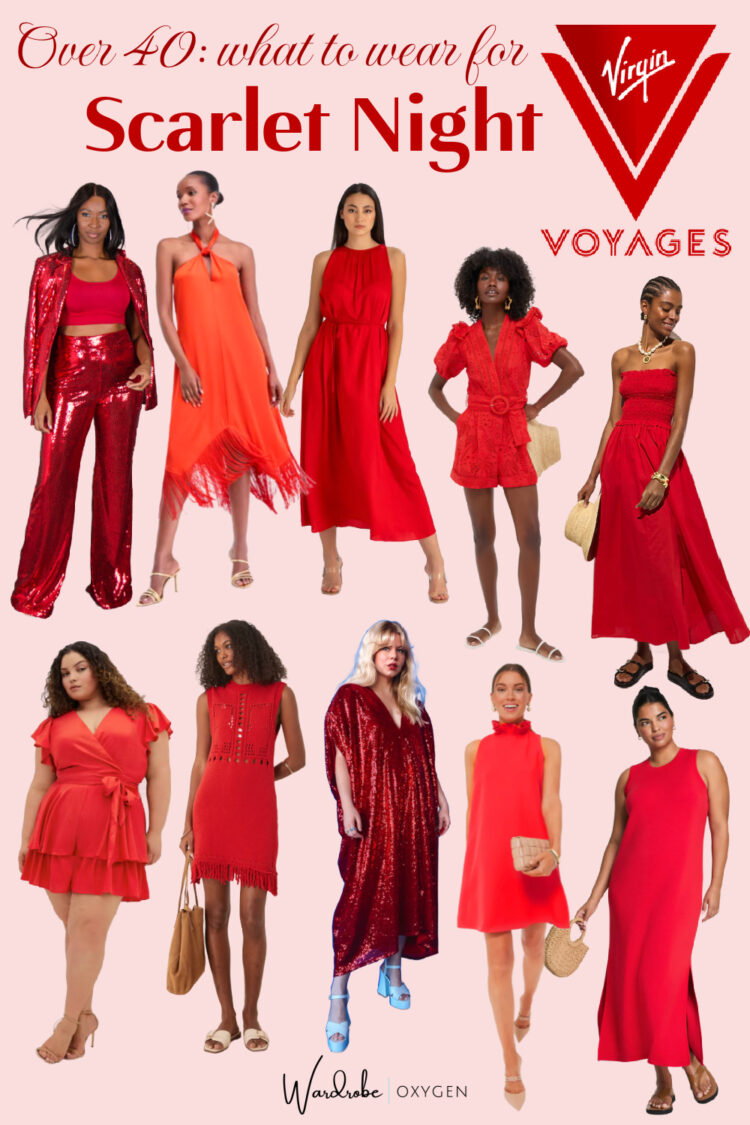 collage of What I Wore on My Virgin Voyages Cruise by wardrobe oxygen for scarlet night