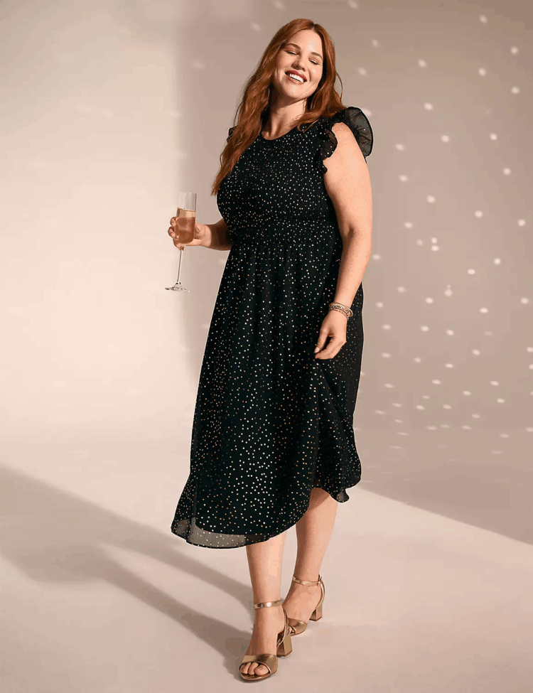 Lane Bryant Friends + Family Sale: My Picks 40% off 6 The Foil Shimmer Flutter-Sleeve Smocked-Bodice Midi Dress