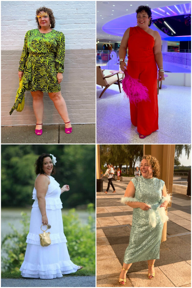 alison gary of wardrobe oxygen, an over 40 petite midsize woman, wearing four outfits requiring creative dress codes for a masquerade gala, moulin rouge, scarlet night, and diner en blanc