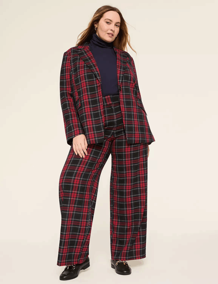 Lane Bryant Friends + Family Sale: My Picks 40% off 5 The Perfect Drape High-Rise Plaid Wide Leg Pant and matching Perfect Drape One-Button Blazer styled with the Turtleneck Top