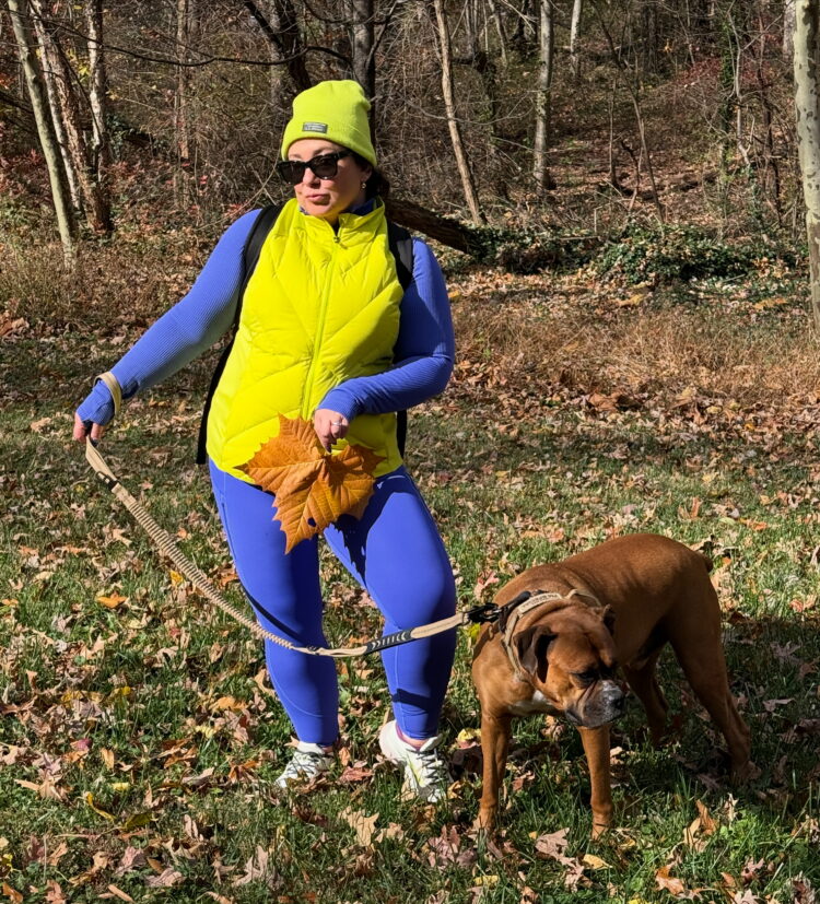 Why I'm Psyched About the Athleta Semi-Annual Sale 4 Wearing the Athleta Flurry Henley and Rainer leggings in Borealis with a chartreuse vest and hat