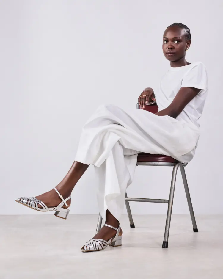 Let's Discuss Comfy Party Shoes for Us Grown Women 3 Bared Footwear Ratite heels in silver leather