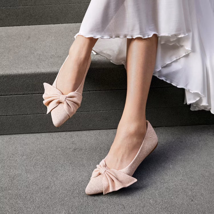 Let's Discuss Comfy Party Shoes for Us Grown Women 11 Vivaia Pointed -Toe Bow Flats (Azura) in rose gold