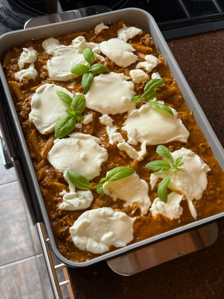 Caraway Bakeware Review organic lasagne in a blue rectangular bake pan from caraway home