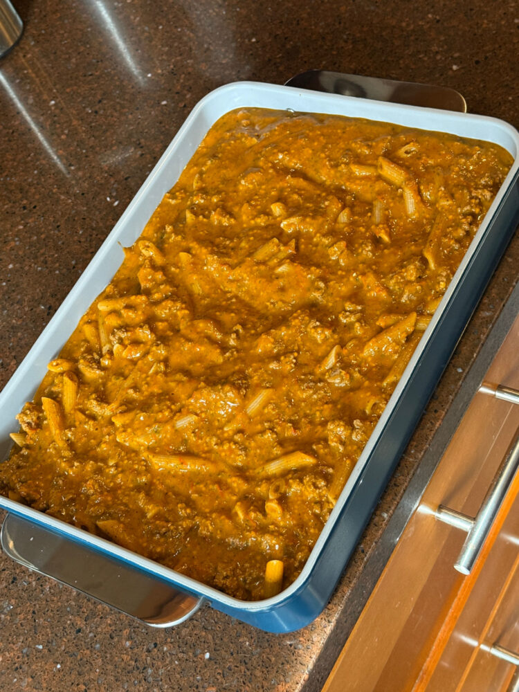 Caraway Bakeware Review pasta bake casserole in blue caraway home baking dish