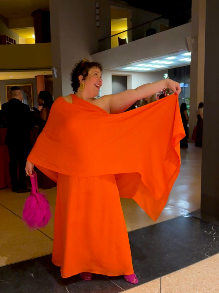 What I Wore to an Embassy Gala 6 petite midsize over 40 style blogger wearing a one shoulder orange gown at the Italian Embassy for a black tie embassy gala