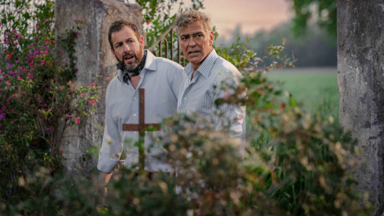 sandler and clooney in the cemetery in jay kelly