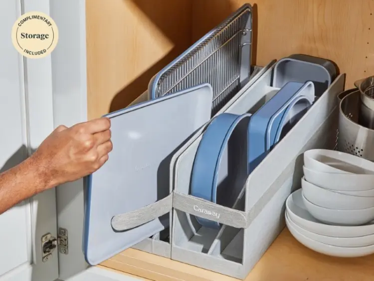 Caraway Bakeware Review the caraway home bakeware set in slate in storage