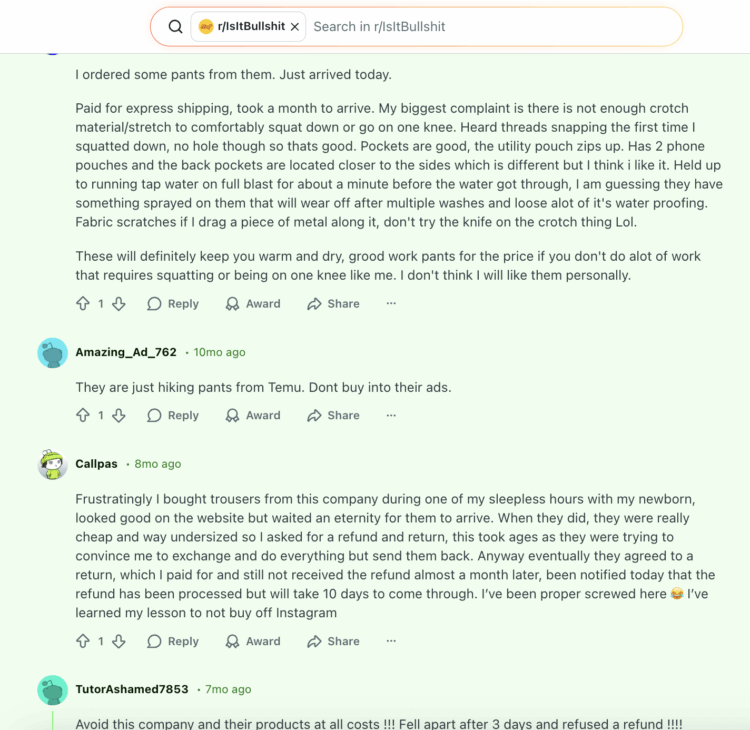 This is what I do before shopping online from a new-to-me company. 4 Screenshot from Reddit of reviews of True Tailor saying the company is dropship, sketchy, and the pants quality poor