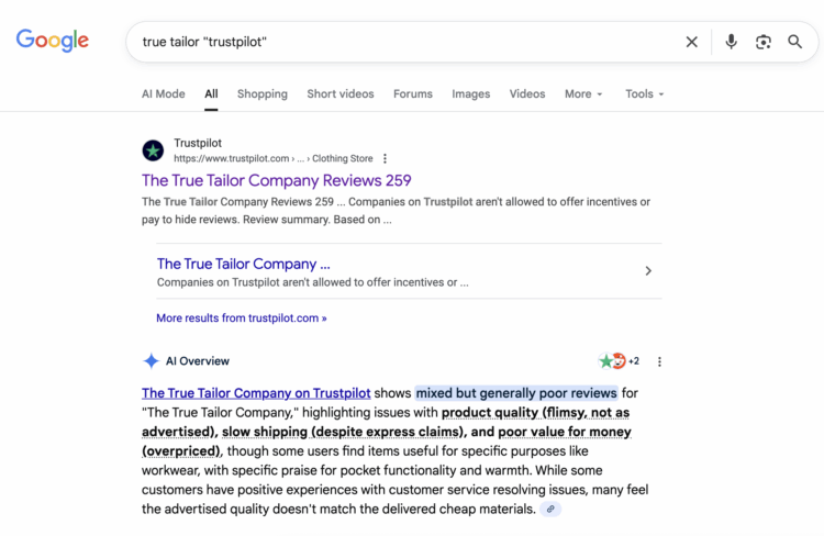 This is what I do before shopping online from a new-to-me company. 5 Screenshot of Google when searching True Tailor "TrustPilot" showing the link to the TrustPilot page for the brand and the AI summary