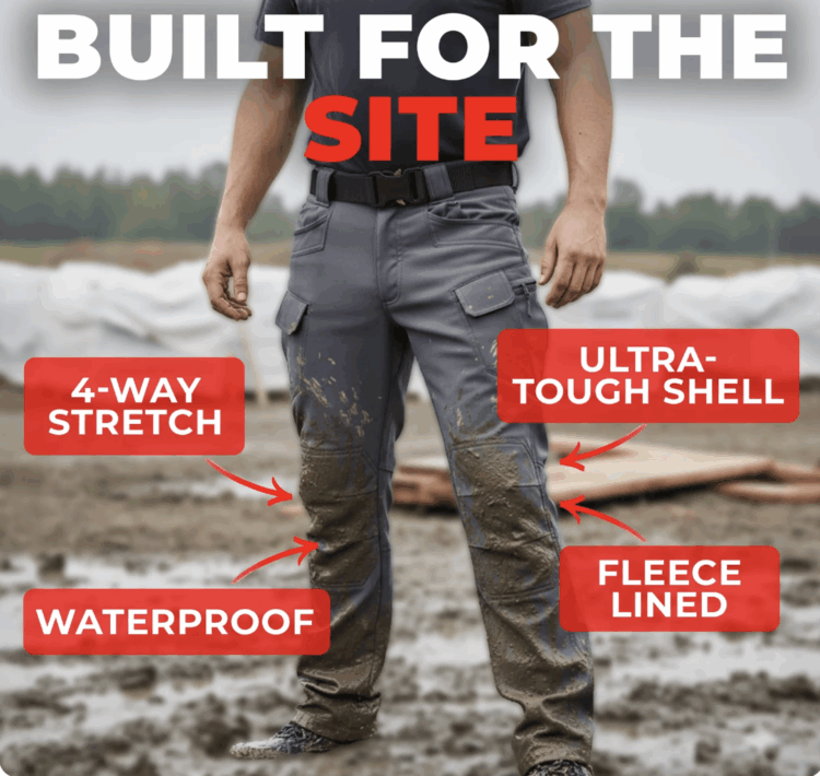 This is what I do before shopping online from a new-to-me company. 2 Ad for True Tailor pants saying Built for the Site 4-way stretch, waterproof, ultra-tough shell, fleece lined and show the bottom half of a muscular white pant in gray pants standing in mud.