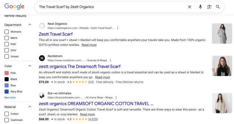 This is what I do before shopping online from a new-to-me company. 8 Screenshot of Google showing retailers that carry Zestt travel scarf
